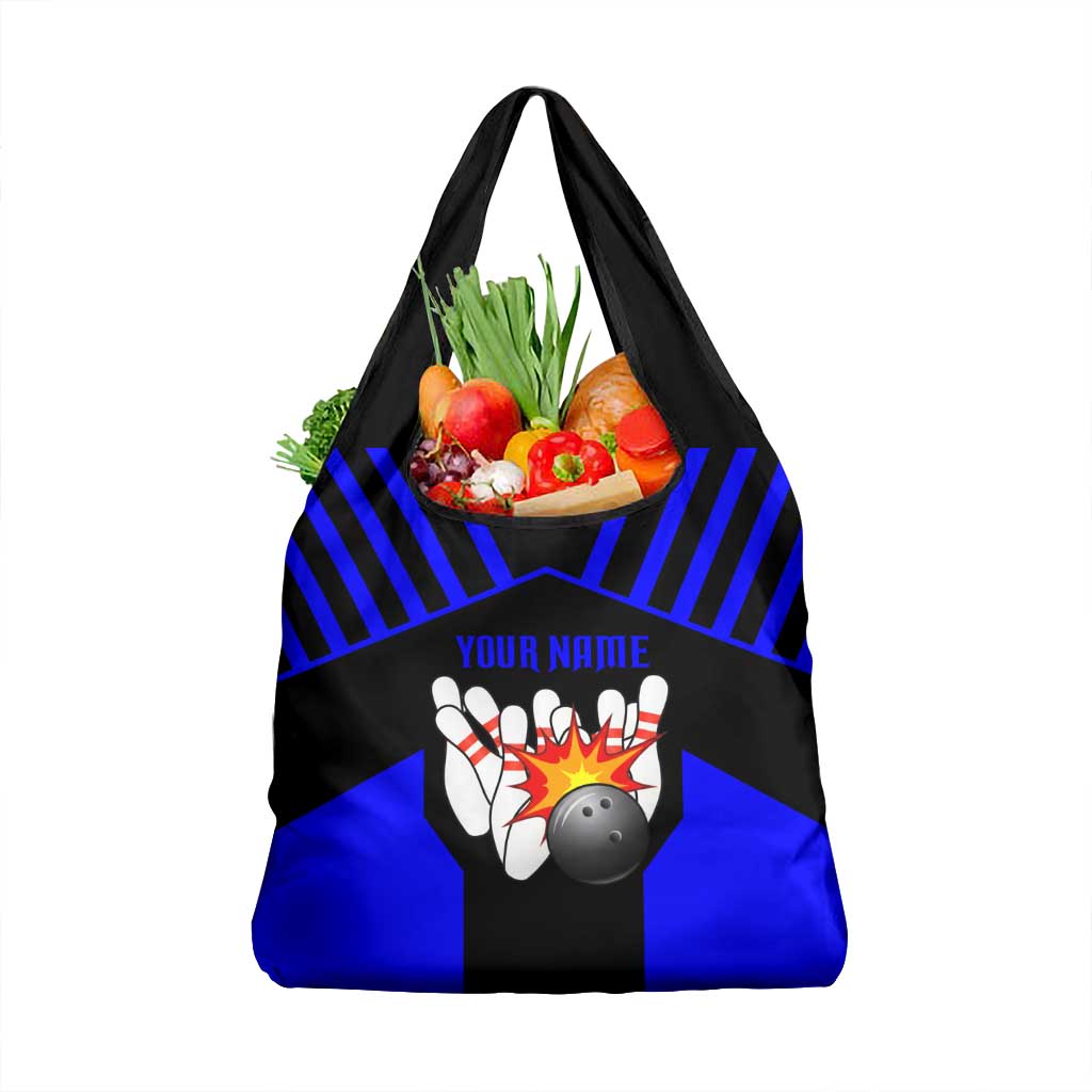 Custom Blue and Black Bowling Grocery Bag with Exploding Strike Design Pin Graphics - Wonder Print Shop