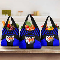 Custom Blue and Black Bowling Grocery Bag with Exploding Strike Design Pin Graphics - Wonder Print Shop