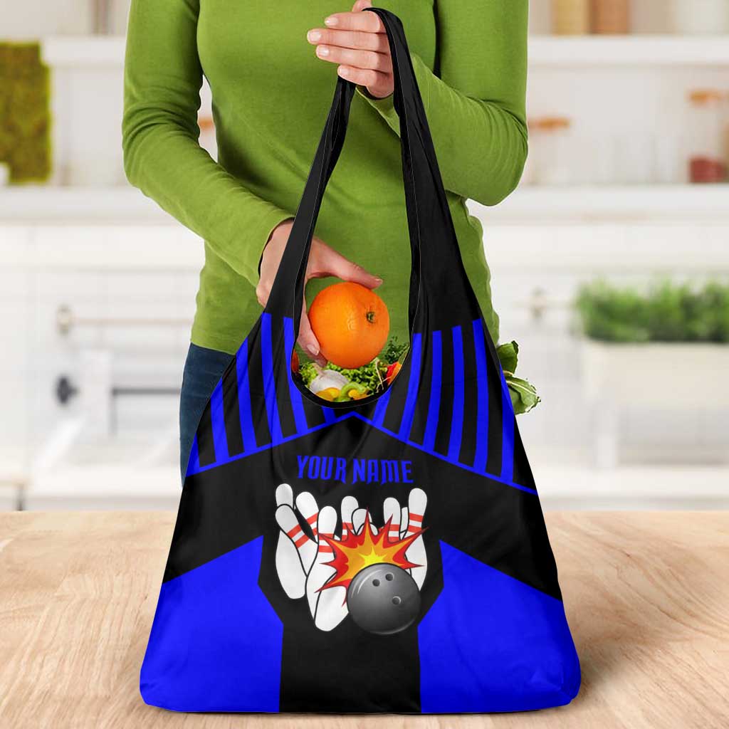 Custom Blue and Black Bowling Grocery Bag with Exploding Strike Design Pin Graphics - Wonder Print Shop