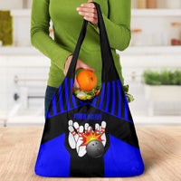 Custom Blue and Black Bowling Grocery Bag with Exploding Strike Design Pin Graphics - Wonder Print Shop