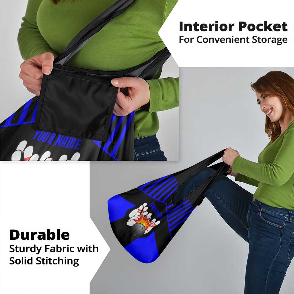 Custom Blue and Black Bowling Grocery Bag with Exploding Strike Design Pin Graphics - Wonder Print Shop