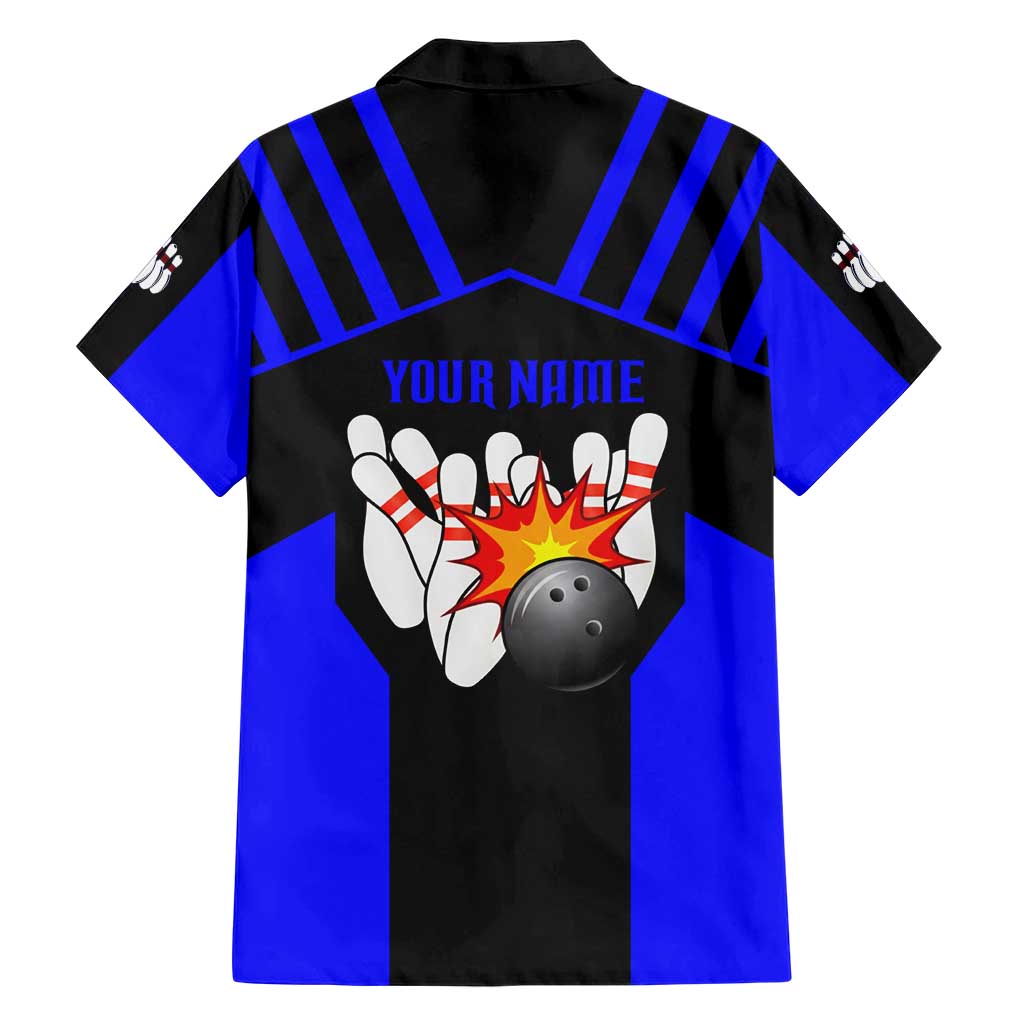 Custom Blue and Black Bowling Hawaiian Shirt with Exploding Strike Design Pin Graphics - Wonder Print Shop
