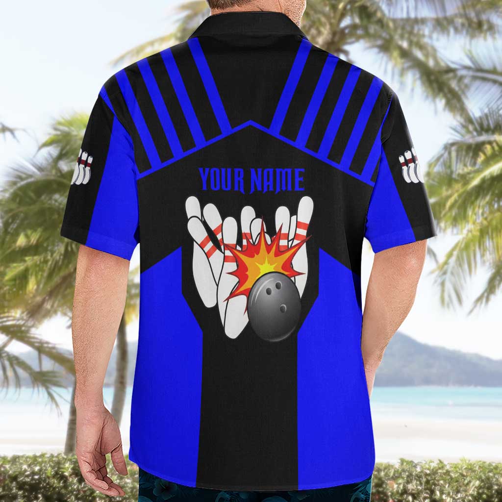 Custom Blue and Black Bowling Hawaiian Shirt with Exploding Strike Design Pin Graphics - Wonder Print Shop