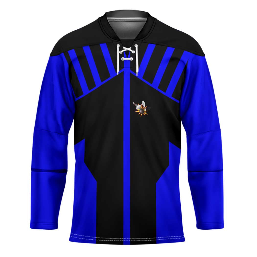 Custom Blue and Black Bowling Hockey Jersey with Exploding Strike Design Pin Graphics - Wonder Print Shop