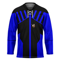 Custom Blue and Black Bowling Hockey Jersey with Exploding Strike Design Pin Graphics - Wonder Print Shop