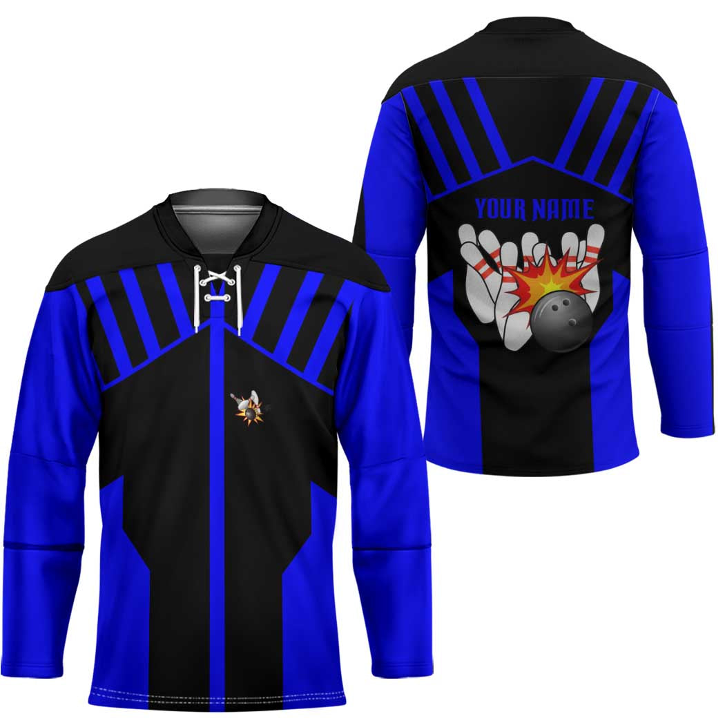 Custom Blue and Black Bowling Hockey Jersey with Exploding Strike Design Pin Graphics - Wonder Print Shop