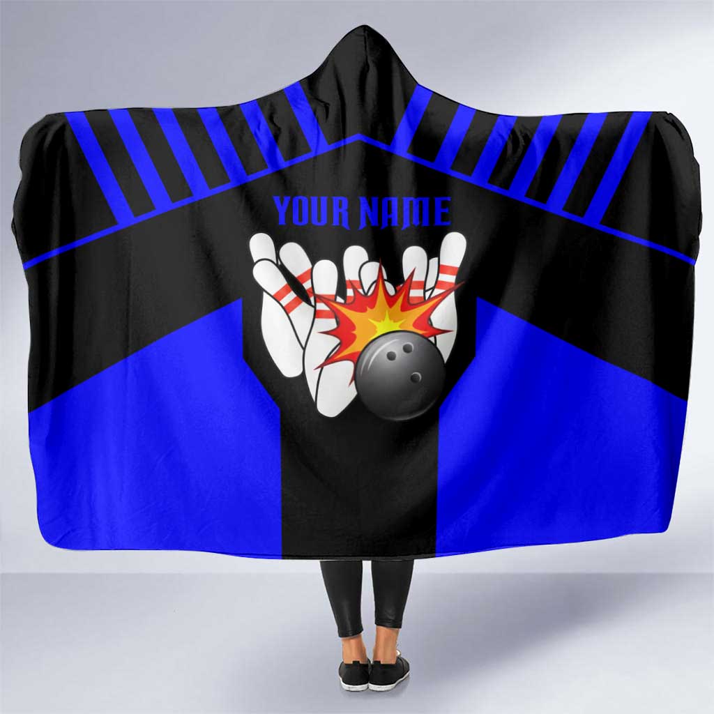 Custom Blue and Black Bowling Hooded Blanket with Exploding Strike Design Pin Graphics - Wonder Print Shop