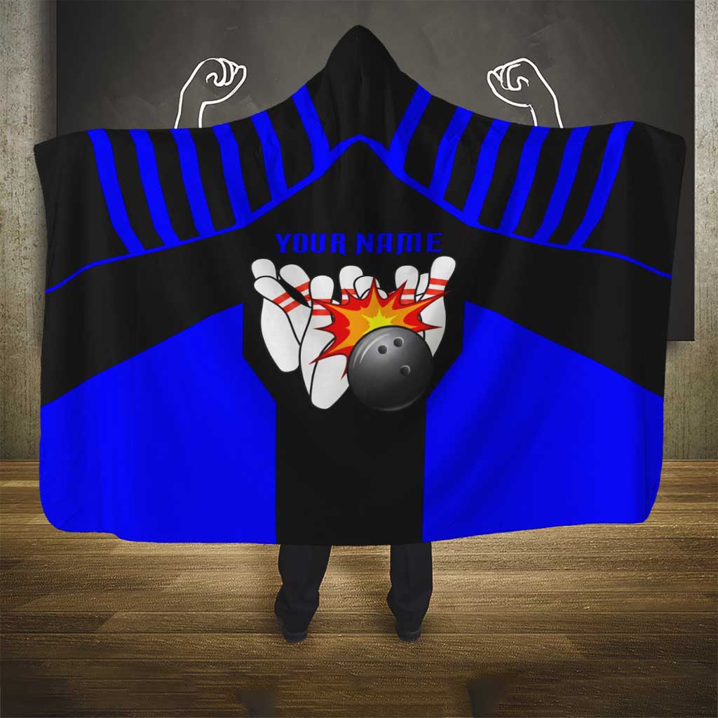 Custom Blue and Black Bowling Hooded Blanket with Exploding Strike Design Pin Graphics - Wonder Print Shop