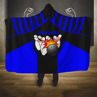 Custom Blue and Black Bowling Hooded Blanket with Exploding Strike Design Pin Graphics - Wonder Print Shop
