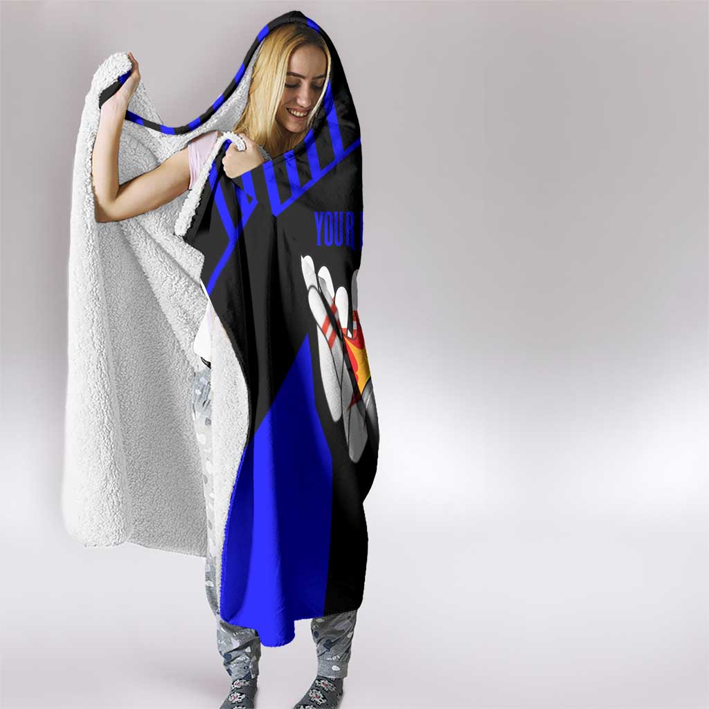 Custom Blue and Black Bowling Hooded Blanket with Exploding Strike Design Pin Graphics - Wonder Print Shop