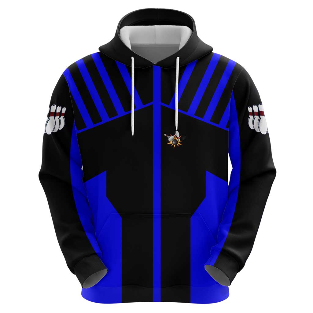 Custom Blue and Black Bowling Hoodie with Exploding Strike Design Pin Graphics - Wonder Print Shop