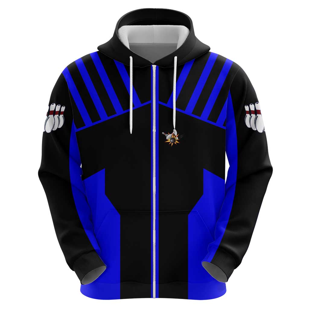 Custom Blue and Black Bowling Hoodie with Exploding Strike Design Pin Graphics - Wonder Print Shop