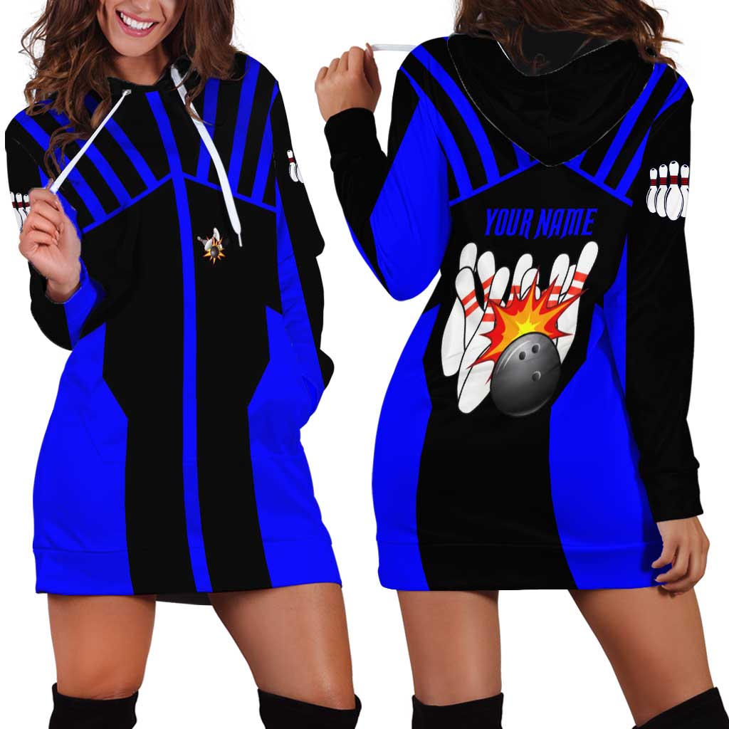 Custom Blue and Black Bowling Hoodie Dress with Exploding Strike Design Pin Graphics - Wonder Print Shop