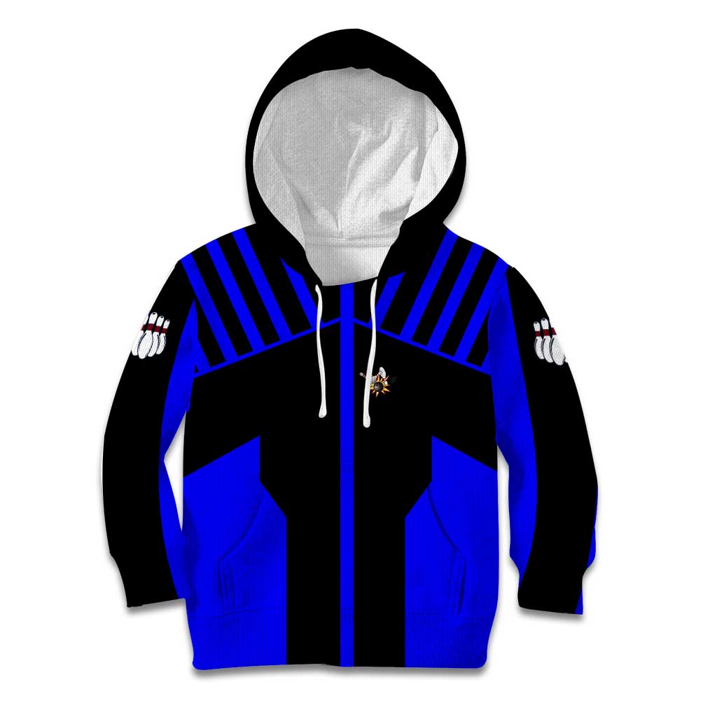 Custom Blue and Black Bowling Kid Hoodie with Exploding Strike Design Pin Graphics - Wonder Print Shop