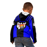 Custom Blue and Black Bowling Kid Hoodie with Exploding Strike Design Pin Graphics - Wonder Print Shop