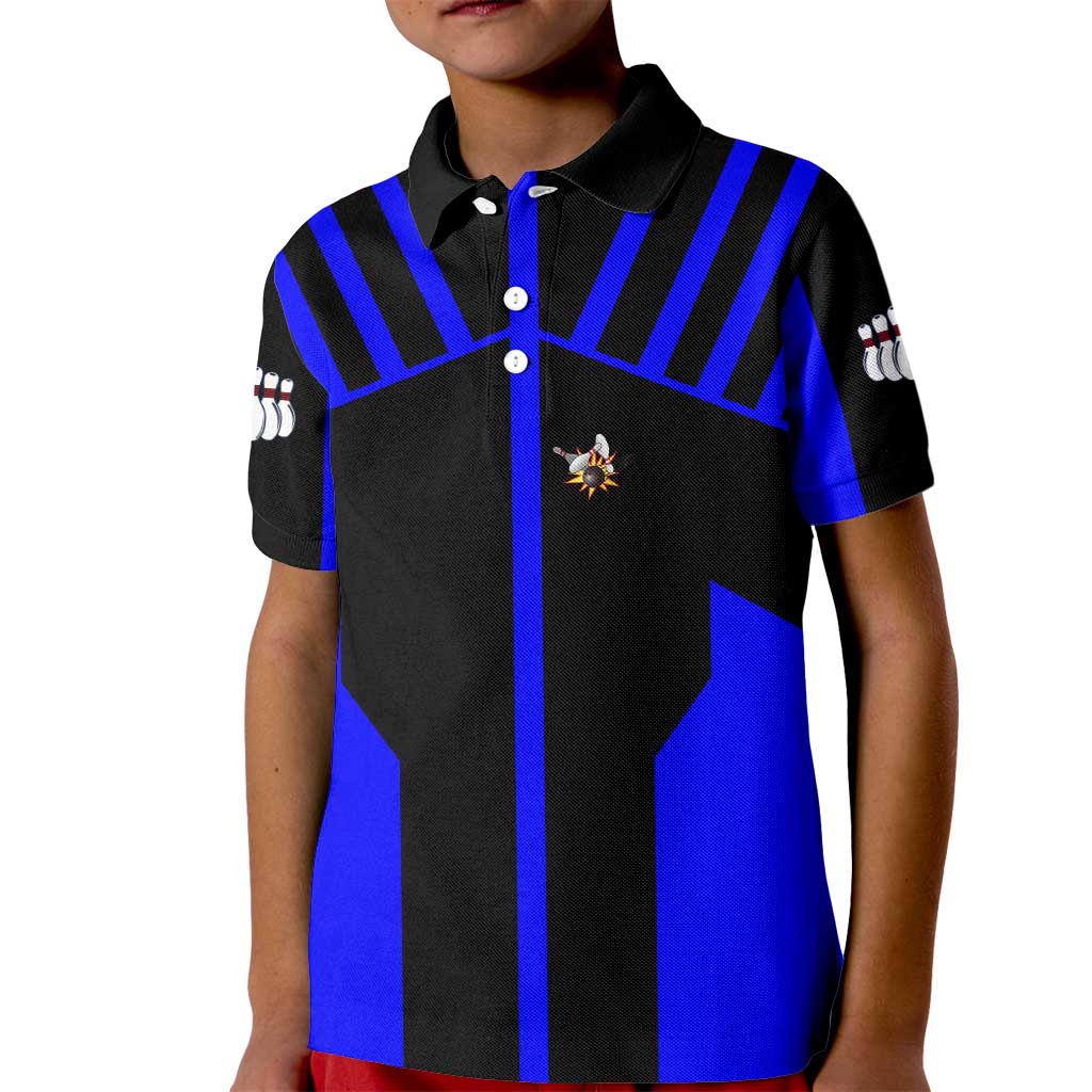 Custom Blue and Black Bowling Kid Polo Shirt with Exploding Strike Design Pin Graphics - Wonder Print Shop