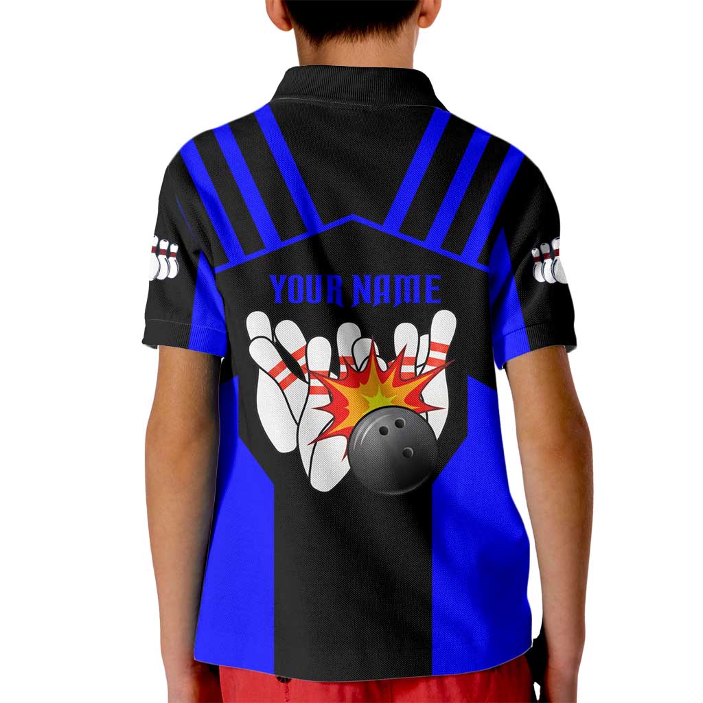 Custom Blue and Black Bowling Kid Polo Shirt with Exploding Strike Design Pin Graphics - Wonder Print Shop