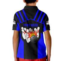 Custom Blue and Black Bowling Kid Polo Shirt with Exploding Strike Design Pin Graphics - Wonder Print Shop