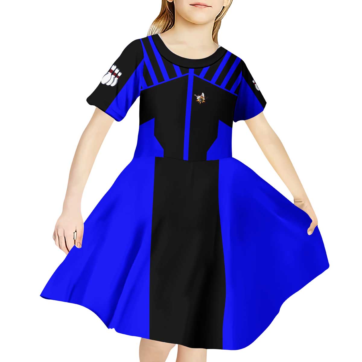 Custom Blue and Black Bowling Kid Short Sleeve Dress with Exploding Strike Design Pin Graphics - Wonder Print Shop
