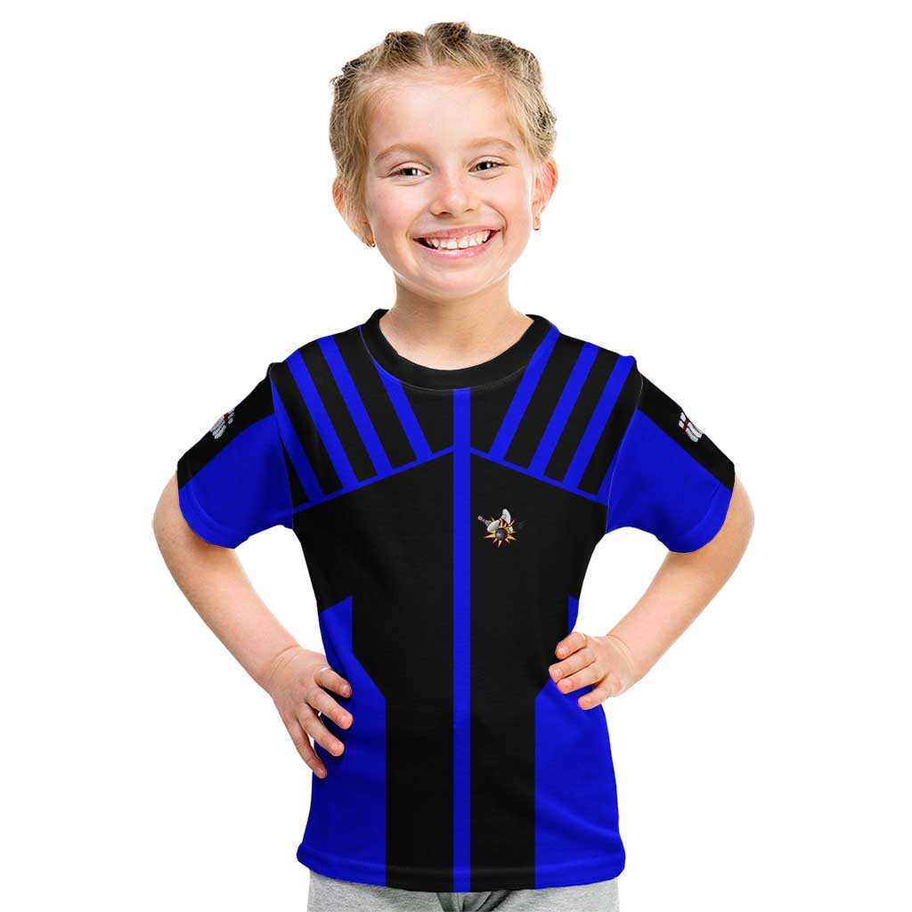 Custom Blue and Black Bowling Kid T Shirt with Exploding Strike Design Pin Graphics - Wonder Print Shop