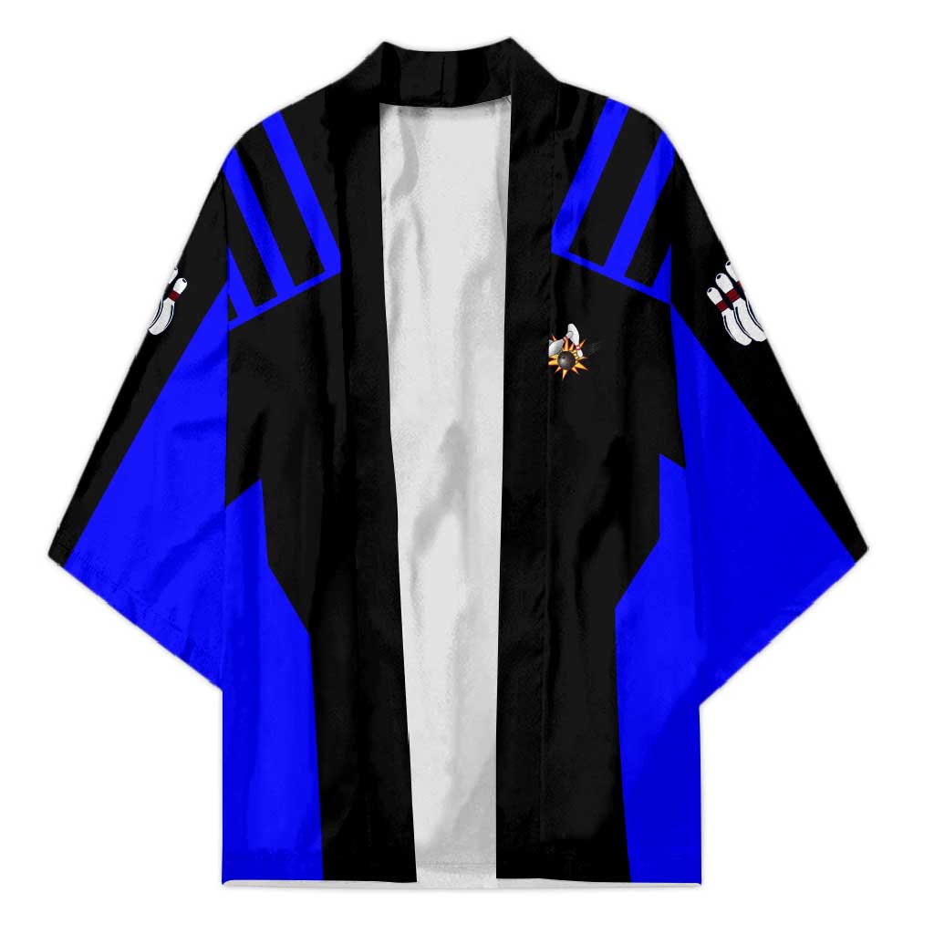 Custom Blue and Black Bowling Kimono with Exploding Strike Design Pin Graphics - Wonder Print Shop