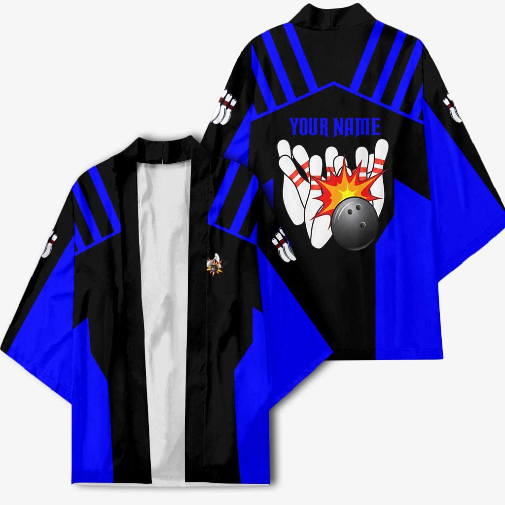 Custom Blue and Black Bowling Kimono with Exploding Strike Design Pin Graphics - Wonder Print Shop