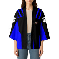 Custom Blue and Black Bowling Kimono with Exploding Strike Design Pin Graphics - Wonder Print Shop