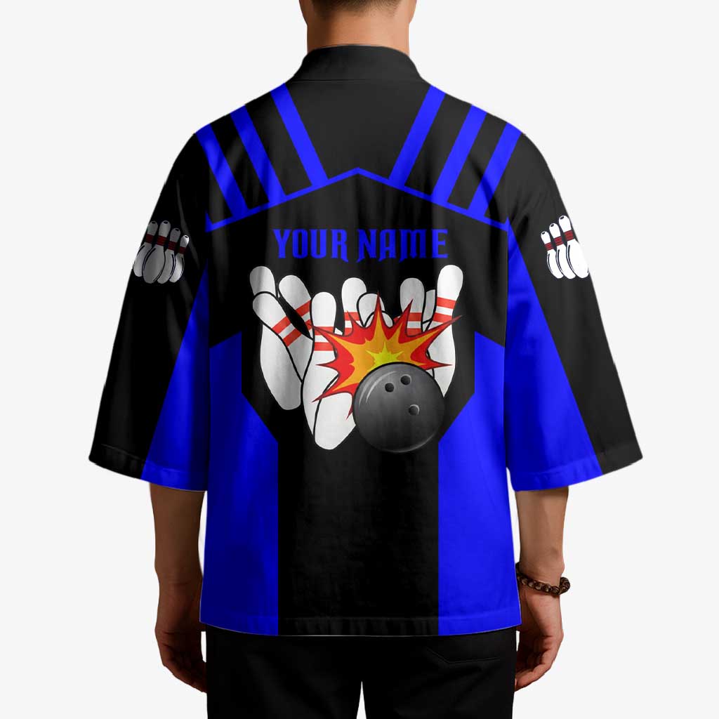 Custom Blue and Black Bowling Kimono with Exploding Strike Design Pin Graphics - Wonder Print Shop
