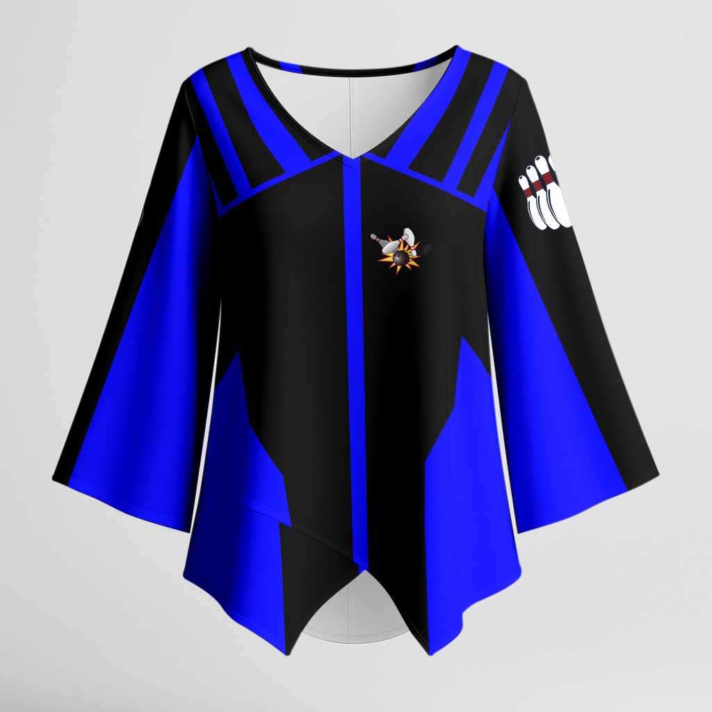 Custom Blue and Black Bowling Kimono Sleeve Blouse with Exploding Strike Design Pin Graphics - Wonder Print Shop