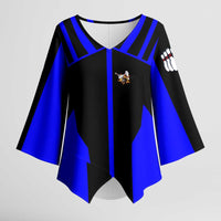 Custom Blue and Black Bowling Kimono Sleeve Blouse with Exploding Strike Design Pin Graphics - Wonder Print Shop