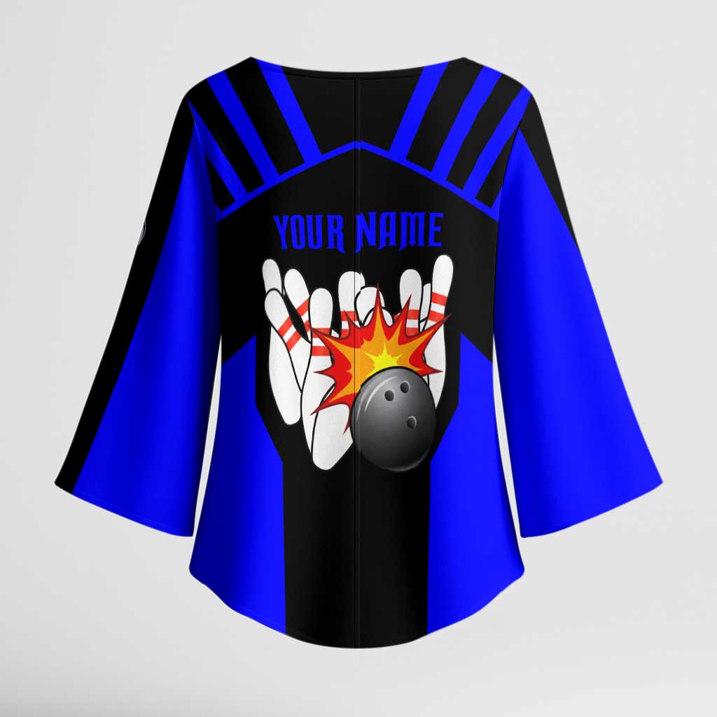 Custom Blue and Black Bowling Kimono Sleeve Blouse with Exploding Strike Design Pin Graphics - Wonder Print Shop