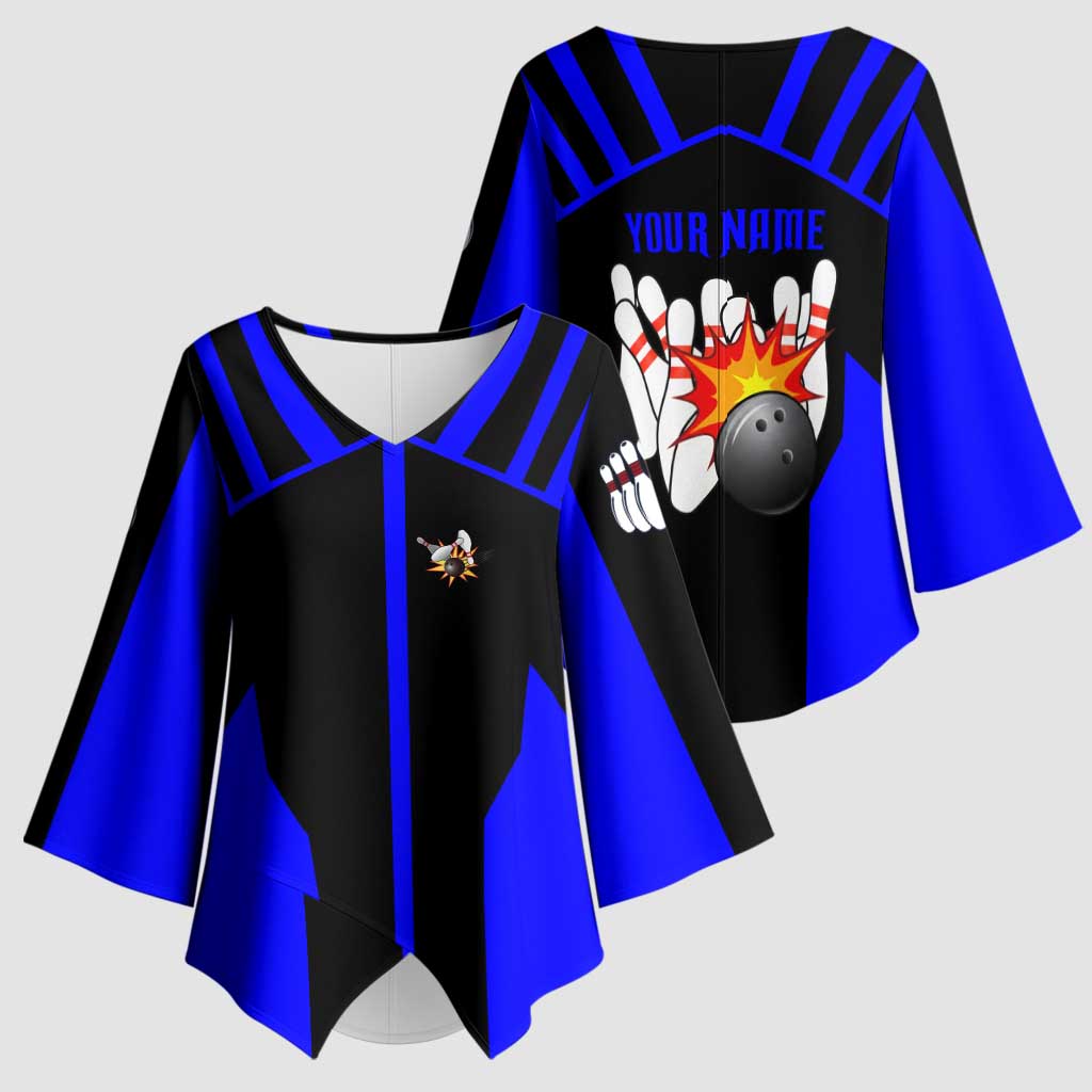 Custom Blue and Black Bowling Kimono Sleeve Blouse with Exploding Strike Design Pin Graphics - Wonder Print Shop