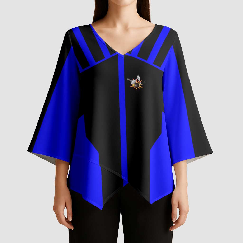 Custom Blue and Black Bowling Kimono Sleeve Blouse with Exploding Strike Design Pin Graphics - Wonder Print Shop