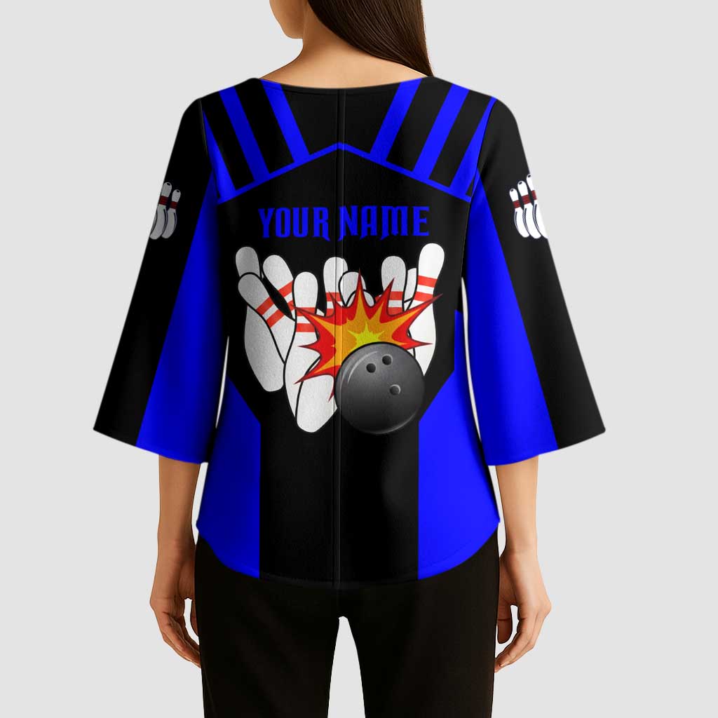 Custom Blue and Black Bowling Kimono Sleeve Blouse with Exploding Strike Design Pin Graphics - Wonder Print Shop