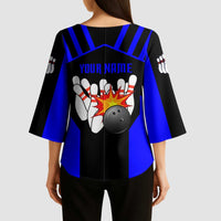 Custom Blue and Black Bowling Kimono Sleeve Blouse with Exploding Strike Design Pin Graphics - Wonder Print Shop