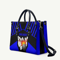 Custom Blue and Black Bowling Leather Bag with Exploding Strike Design Pin Graphics - Wonder Print Shop