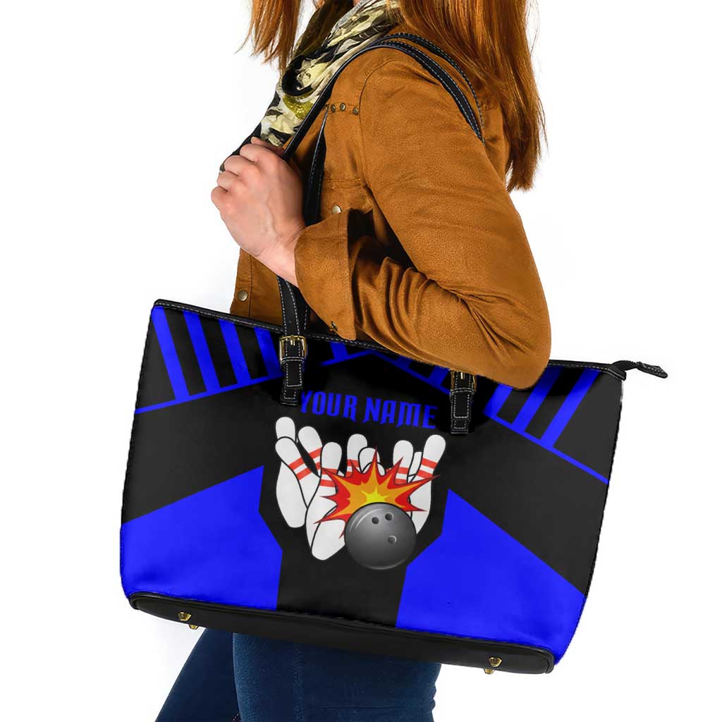 Custom Blue and Black Bowling Leather Tote Bag with Exploding Strike Design Pin Graphics - Wonder Print Shop