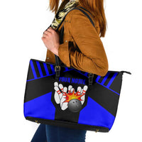 Custom Blue and Black Bowling Leather Tote Bag with Exploding Strike Design Pin Graphics - Wonder Print Shop