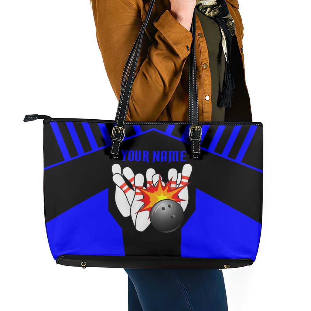 Custom Blue and Black Bowling Leather Tote Bag with Exploding Strike Design Pin Graphics - Wonder Print Shop