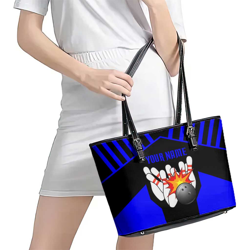 Custom Blue and Black Bowling Leather Tote Bag with Exploding Strike Design Pin Graphics - Wonder Print Shop
