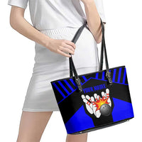 Custom Blue and Black Bowling Leather Tote Bag with Exploding Strike Design Pin Graphics - Wonder Print Shop