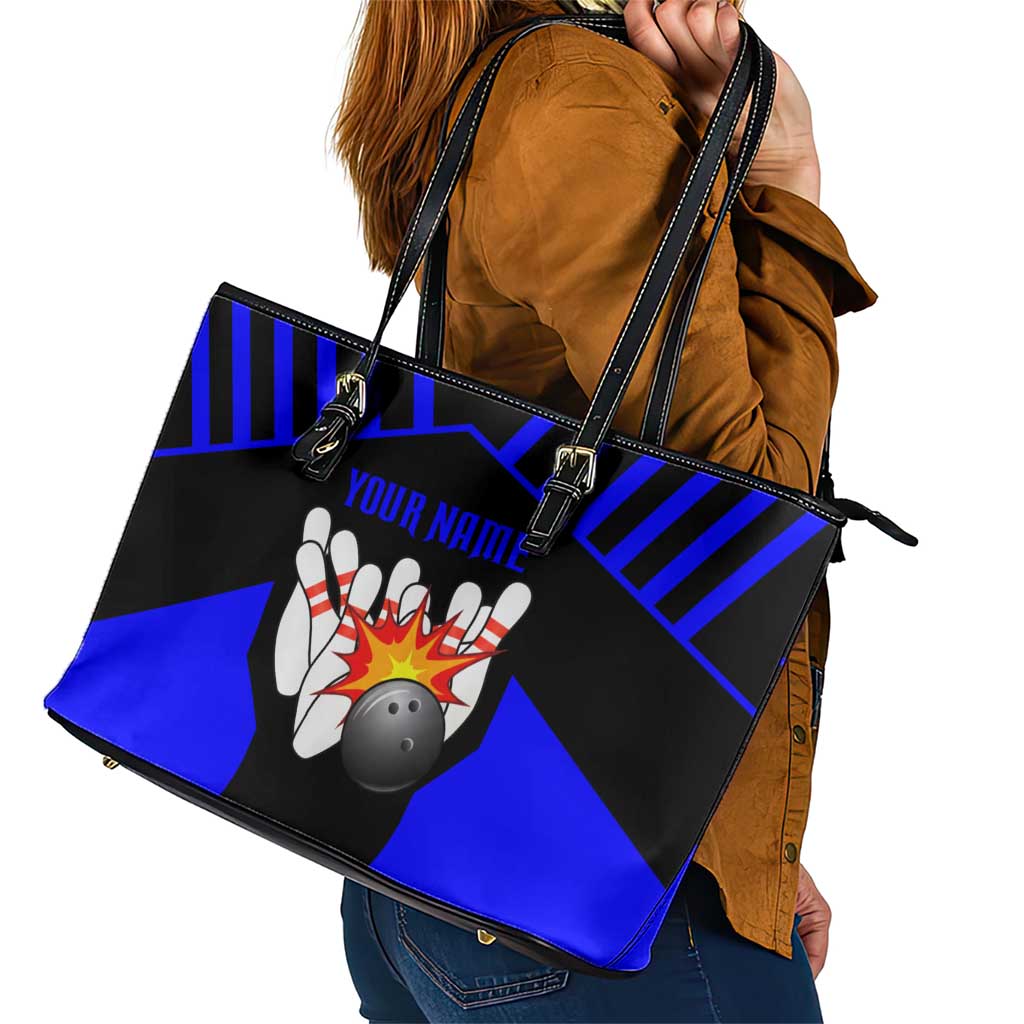 Custom Blue and Black Bowling Leather Tote Bag with Exploding Strike Design Pin Graphics - Wonder Print Shop