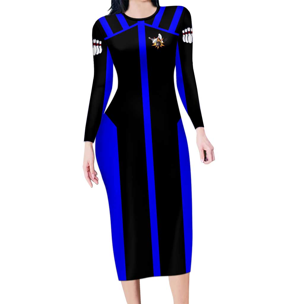 Custom Blue and Black Bowling Long Sleeve Bodycon Dress with Exploding Strike Design Pin Graphics - Wonder Print Shop