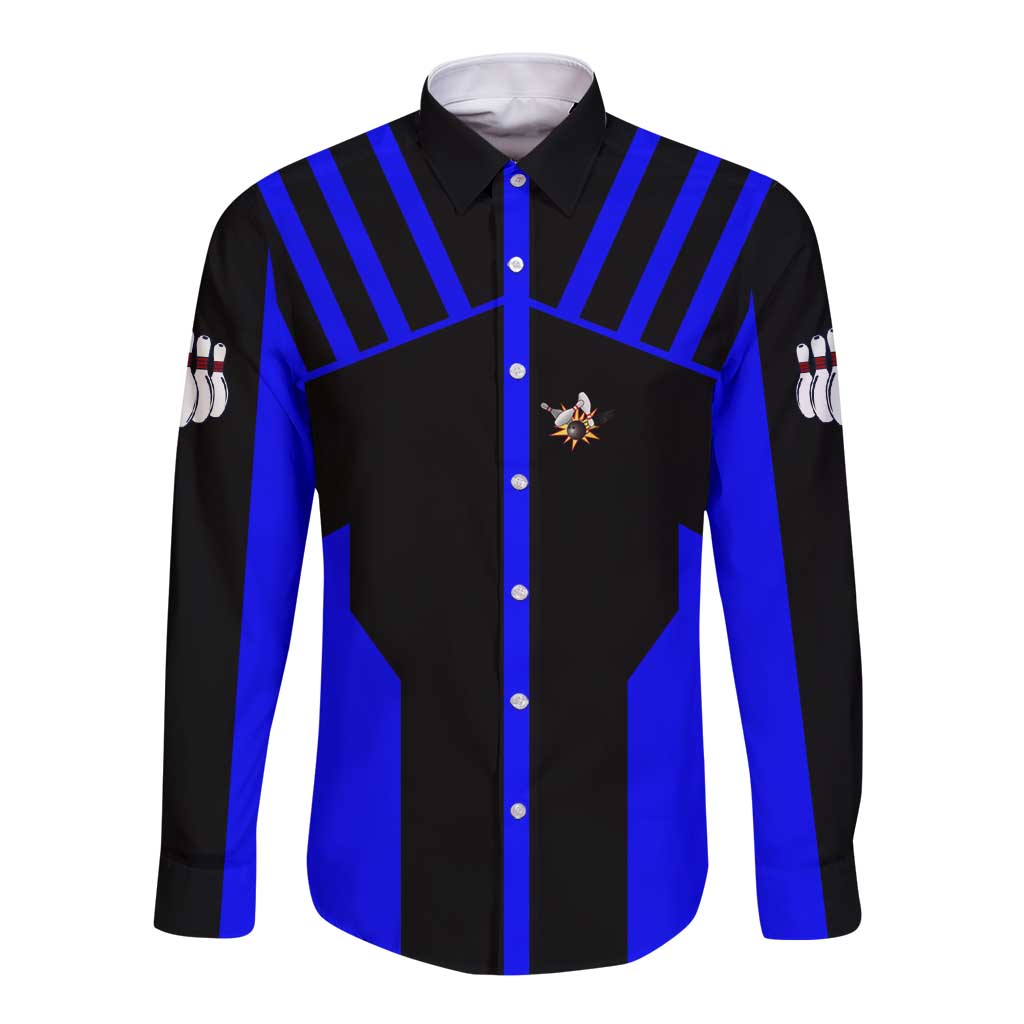Custom Blue and Black Bowling Long Sleeve Button Shirt with Exploding Strike Design Pin Graphics - Wonder Print Shop