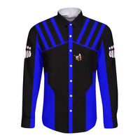 Custom Blue and Black Bowling Long Sleeve Button Shirt with Exploding Strike Design Pin Graphics - Wonder Print Shop