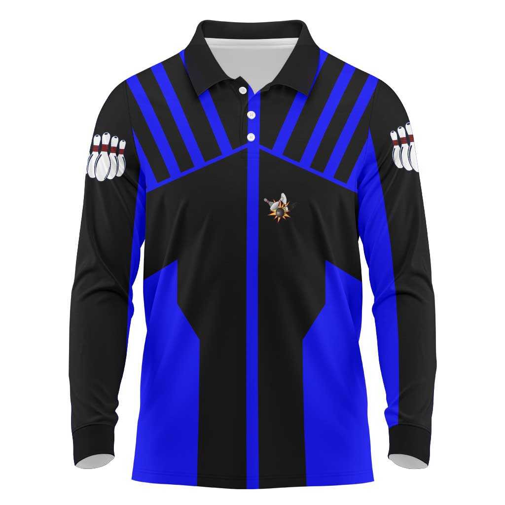 Custom Blue and Black Bowling Long Sleeve Polo Shirt with Exploding Strike Design Pin Graphics - Wonder Print Shop