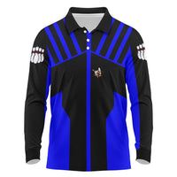 Custom Blue and Black Bowling Long Sleeve Polo Shirt with Exploding Strike Design Pin Graphics - Wonder Print Shop