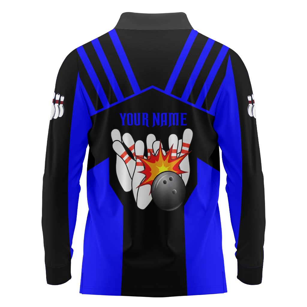 Custom Blue and Black Bowling Long Sleeve Polo Shirt with Exploding Strike Design Pin Graphics - Wonder Print Shop