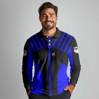 Custom Blue and Black Bowling Long Sleeve Polo Shirt with Exploding Strike Design Pin Graphics - Wonder Print Shop