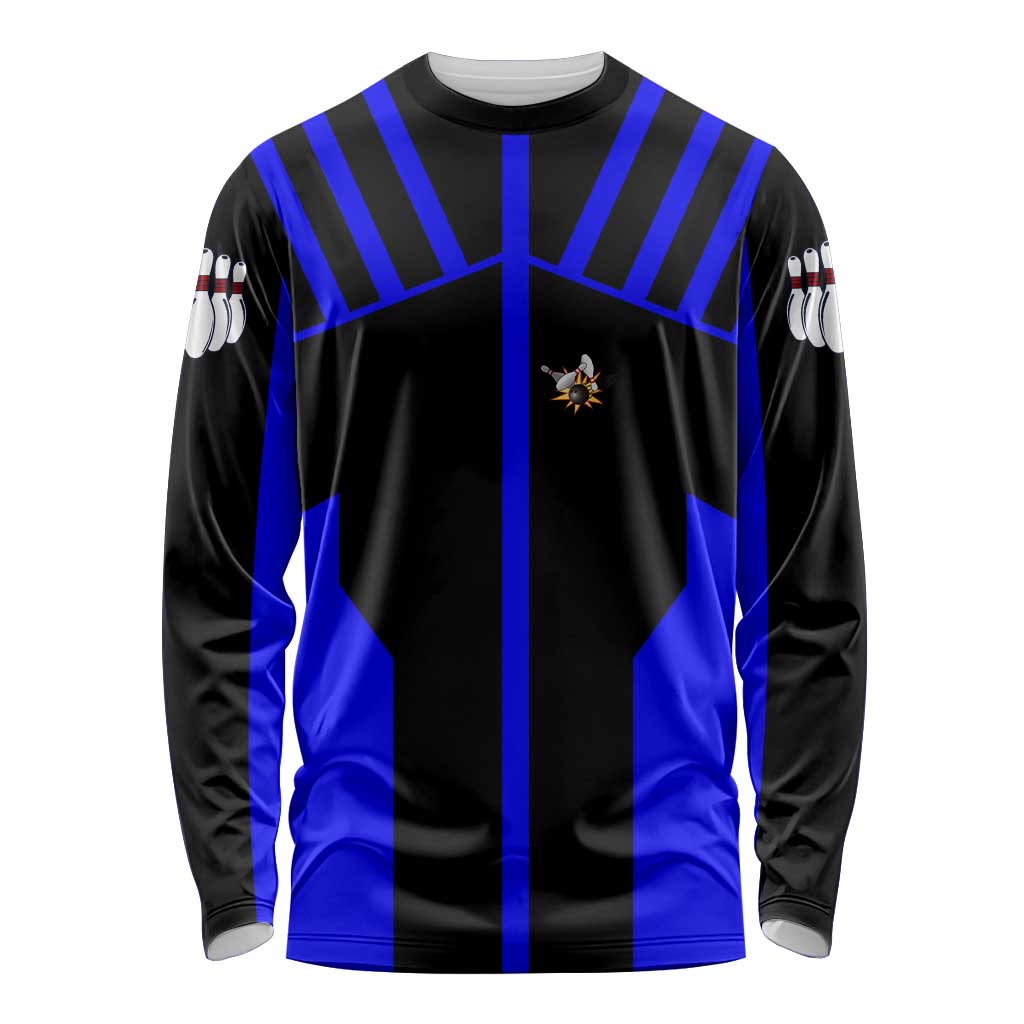 Custom Blue and Black Bowling Long Sleeve Shirt with Exploding Strike Design Pin Graphics - Wonder Print Shop